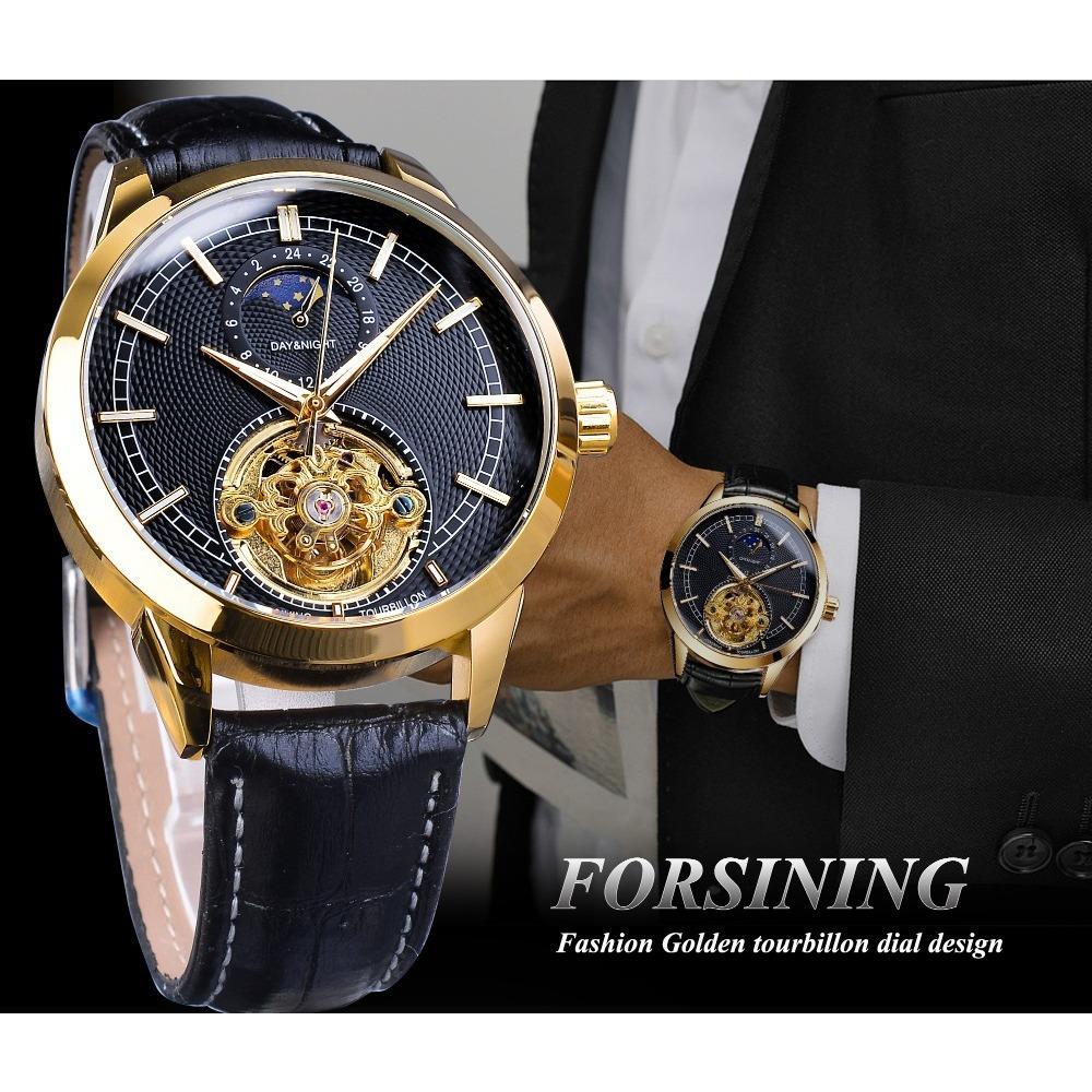 Forsining Men's Fashion Casual Hollow Moon Phase Carved Hollow Automatic Mechanical Watch GMT1177-2-A