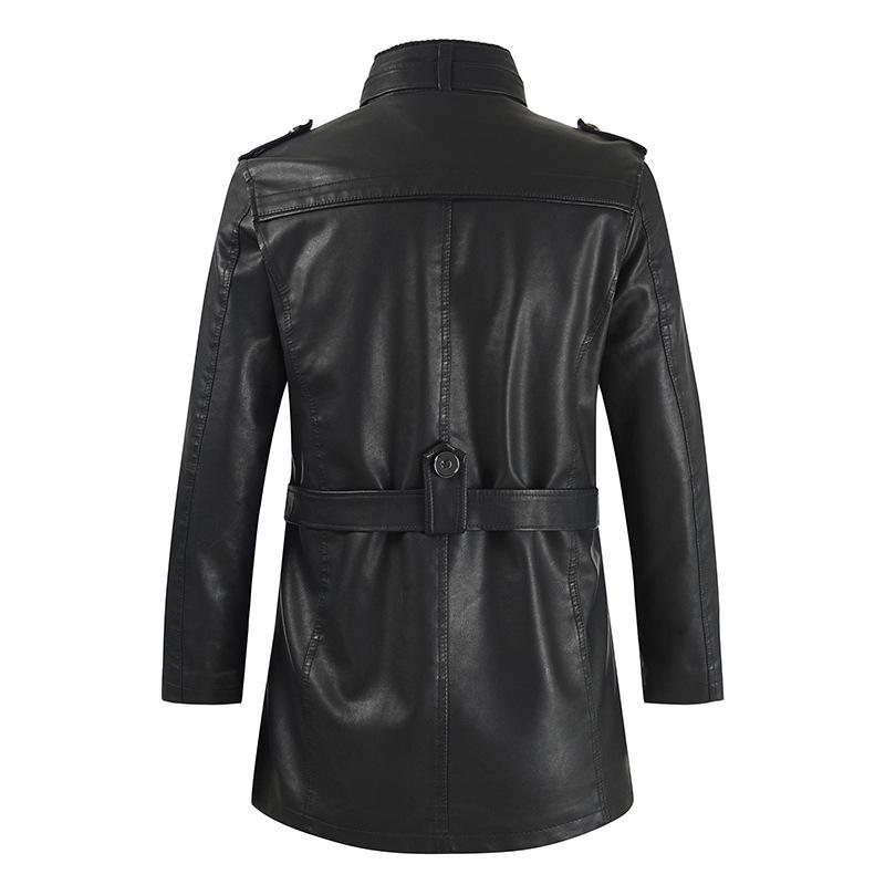 Men's Stand Collar Leather Jacket - Autumn/Winter 2021, Mid-Length, Loose Fit, Plus Velvet, Plus Size, PU Leather.