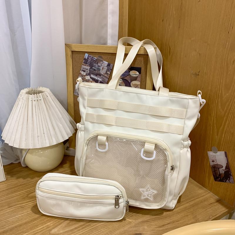 Solid Color Transparent Crossbody Bag Student Handbag Women's Large Capacity Shoulder Tote Bag with Pen Bag