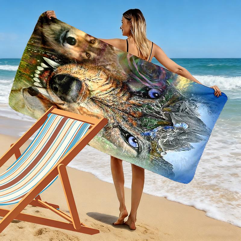 Wolf Print Beach Towel, Large Soft Quick Dry Towel for Beach Camping Swimming