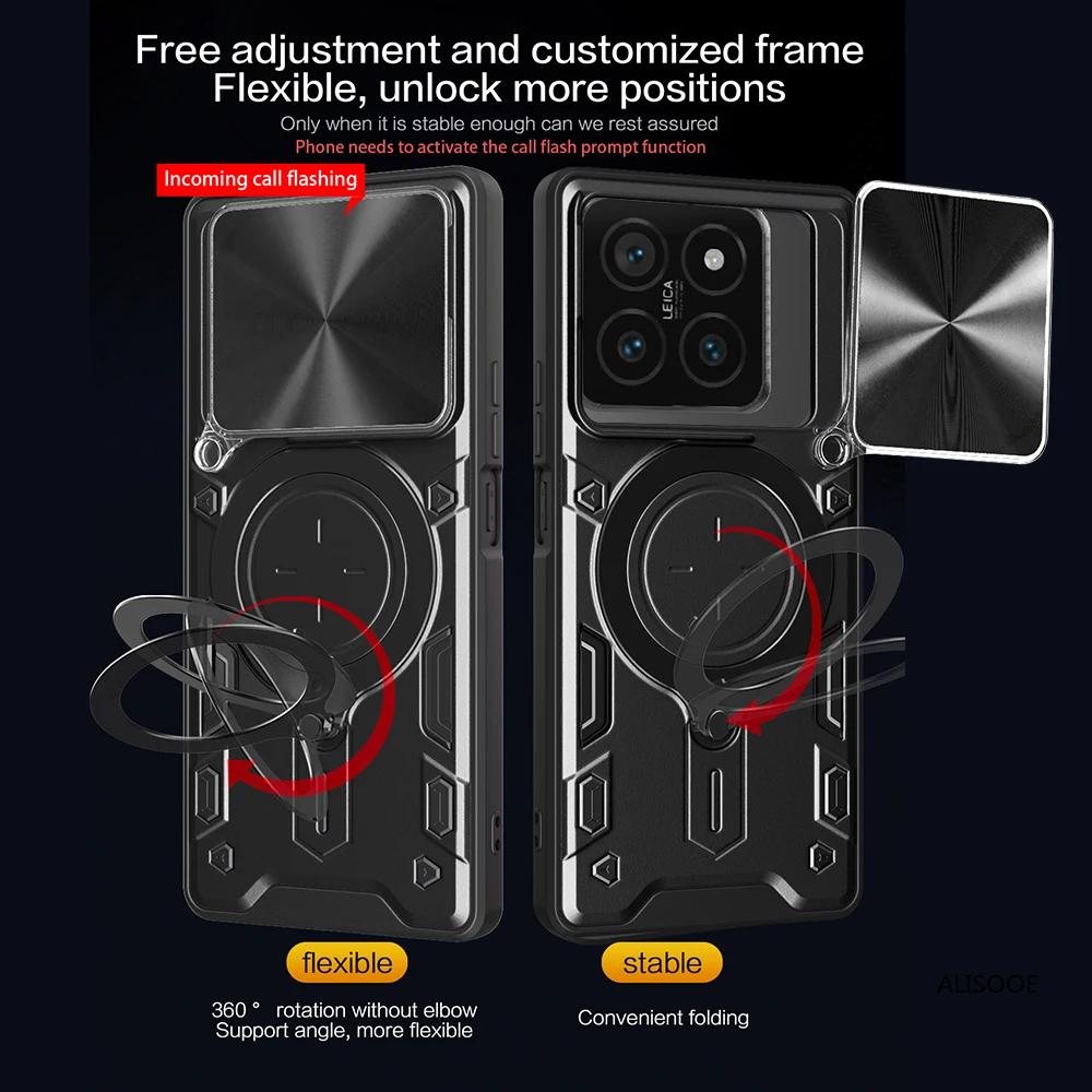 Slide Camera Funda for Xiaomi 14T Pro Case Armor Slide Lens Magnetic Ring Stand Phone Cover for Xiaomi Mi 14T Capa