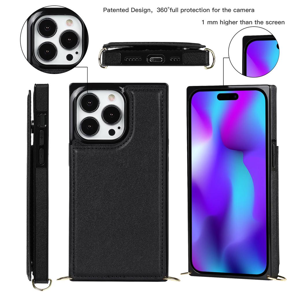 For iPhone 15 Pro Max RFID Blocking Card Holder Kickstand Cover Anti-drop Phone Case with Shoulder Strap