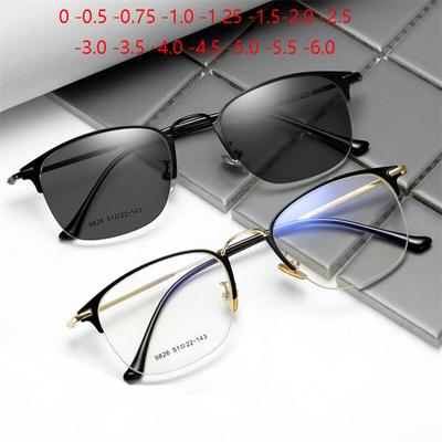 Metal Photochromism Gray Lens Prescription Eyeglasses Women Men Half Frame Square Shortsighted Eyewear 0 -0.5 -0.75 To -6.0