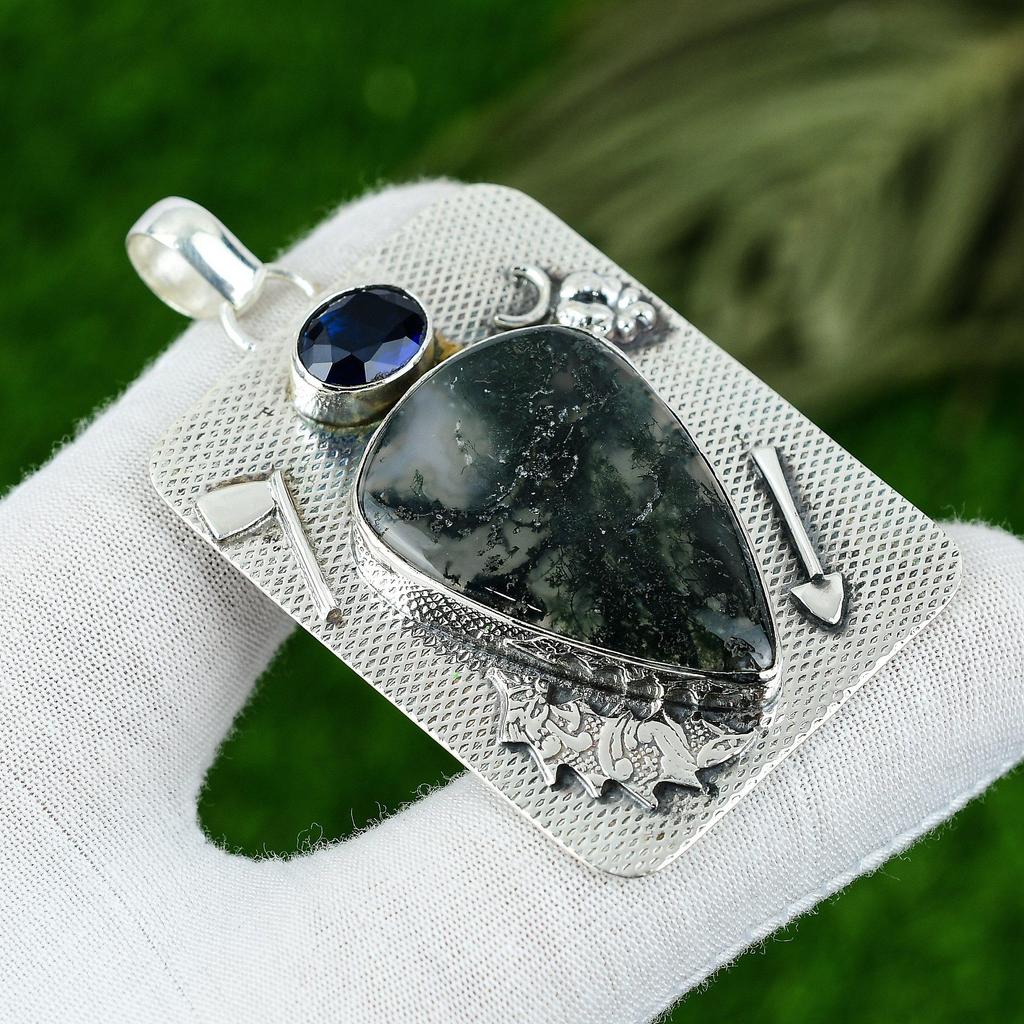 Natürlicher Solar Moos Achat Edelstein Schmuck 925 Sterling Silber Anhänger für Frauen