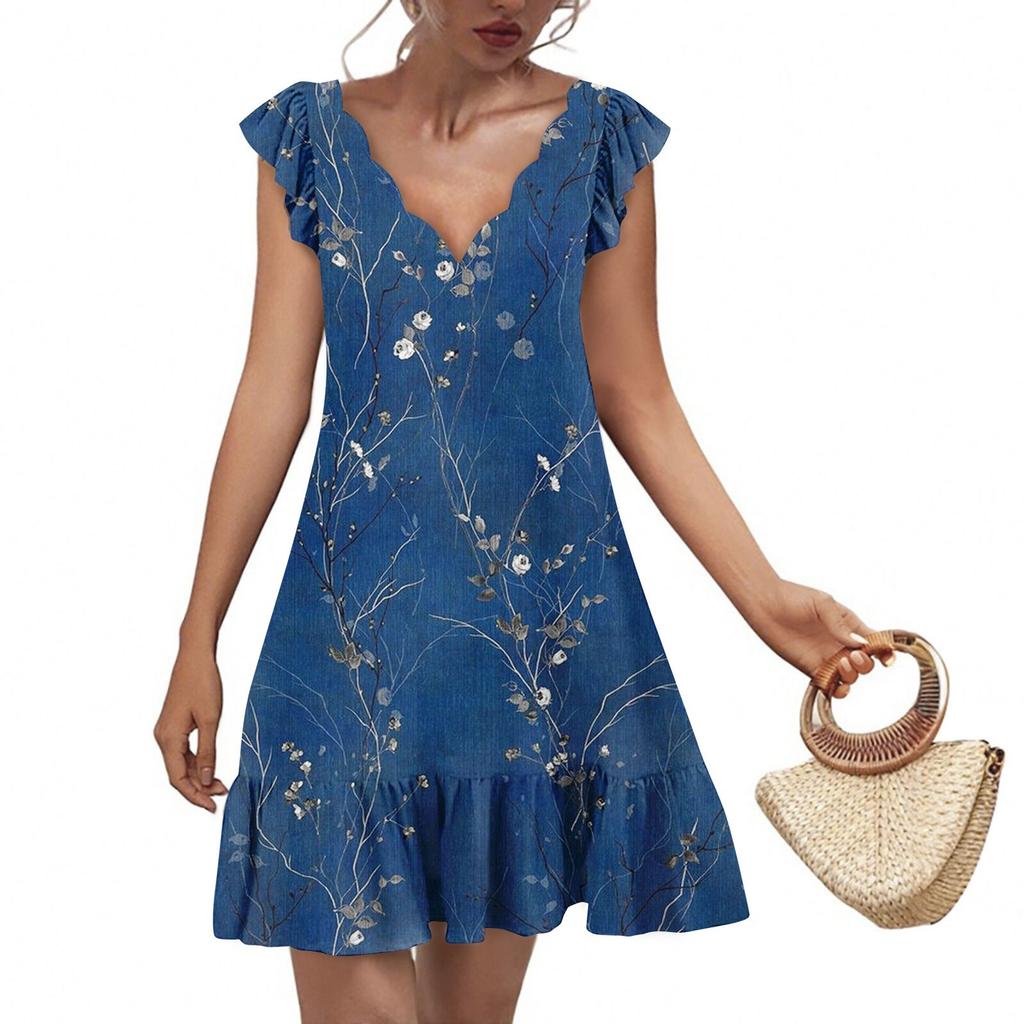 Women's Fashion Casual V Neck Wavy Edge Print Short Sleeve Dress