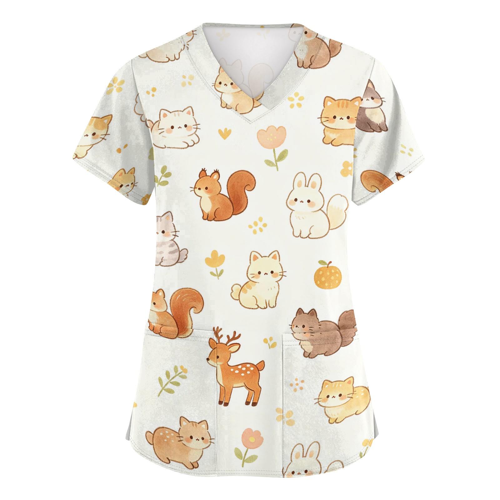 

Ladies V Neck Short Sleeve Work Top with Pockets Animal Print Professional Uniform Scrub Shirt for Healthcare and Caregiving Staff XXXL