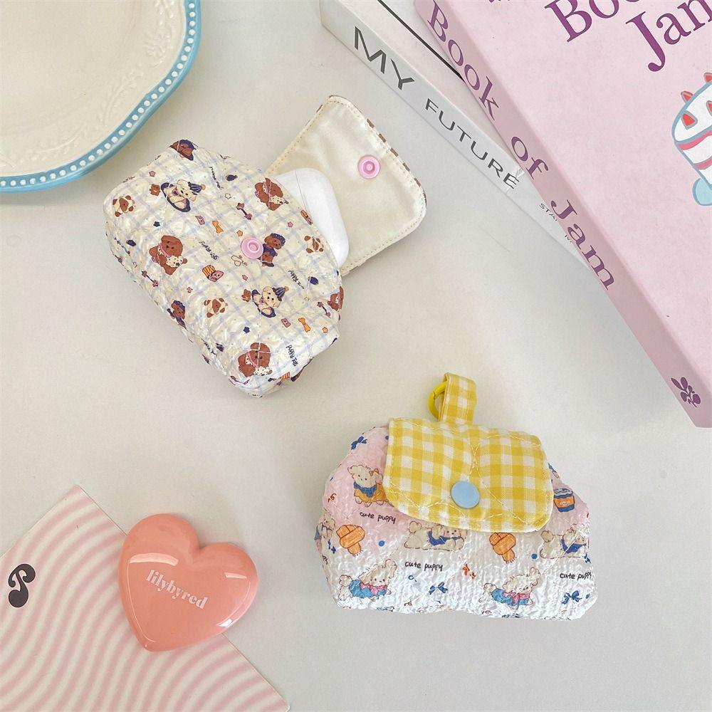 1pc Cute Cartoon Quilted Makeup Bag Mini Snap Closure Cosmetic Bag Portable Earphone Pouch Home