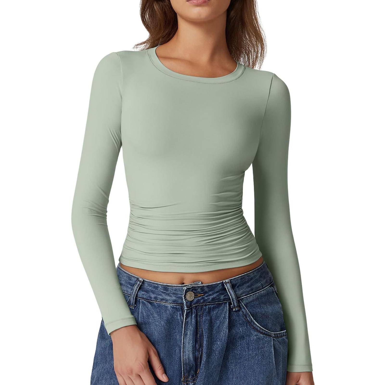 

Women s Fashion Color Round Neck T-Shirt Long Sleeve Pullover Bottom Shirt Top L
