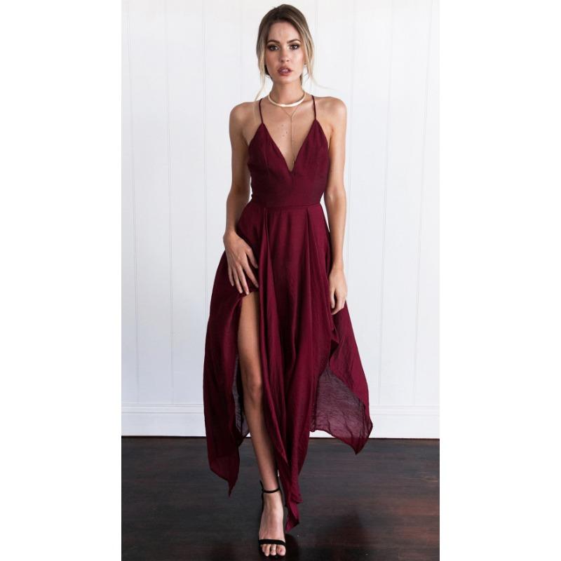 Dámské sexy šaty s výstřihem do V a bez rukávů, asymetrické šaty