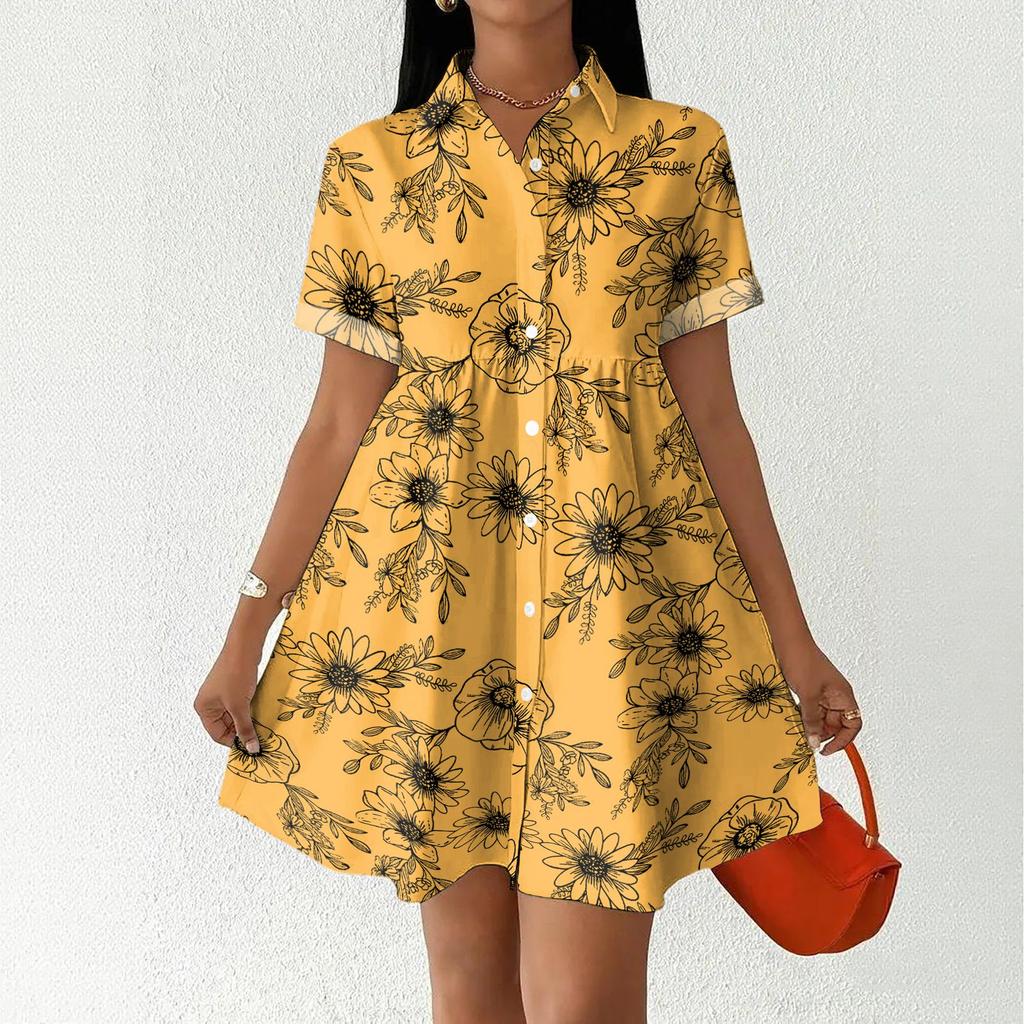 Women's Casual Loose Fit Shirt Dress Button Front Stand Collar Short Sleeve Polka Dot Patterned Dress for Everyday Wear