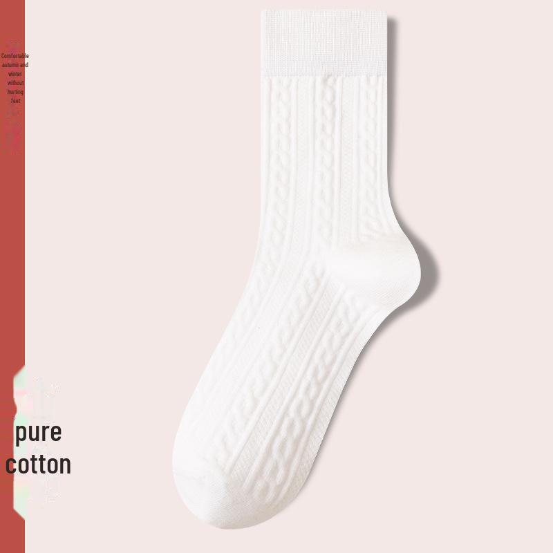 Women's Retro Twist Pure Cotton Mid-Tube Socks - Antibacterial, Deodorant, Autumn/Winter, White Long Socks.