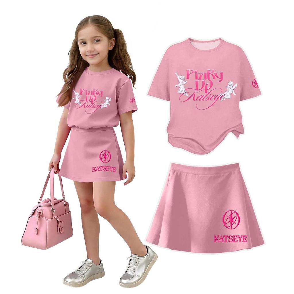 Girls Casual Two Piece Set Loose Fit Short Sleeve Crew Neck Top with Printed Design and Matching Skirt Comfortable Summer Outfit