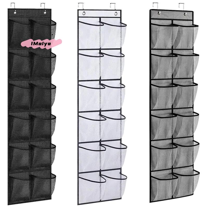 Wall-Mounted Shoe Organizer 12/24 Grids Fabric Closet Bag Storage Rack Mesh Pocket Clear Hanging over the Door Cloth Storage Box