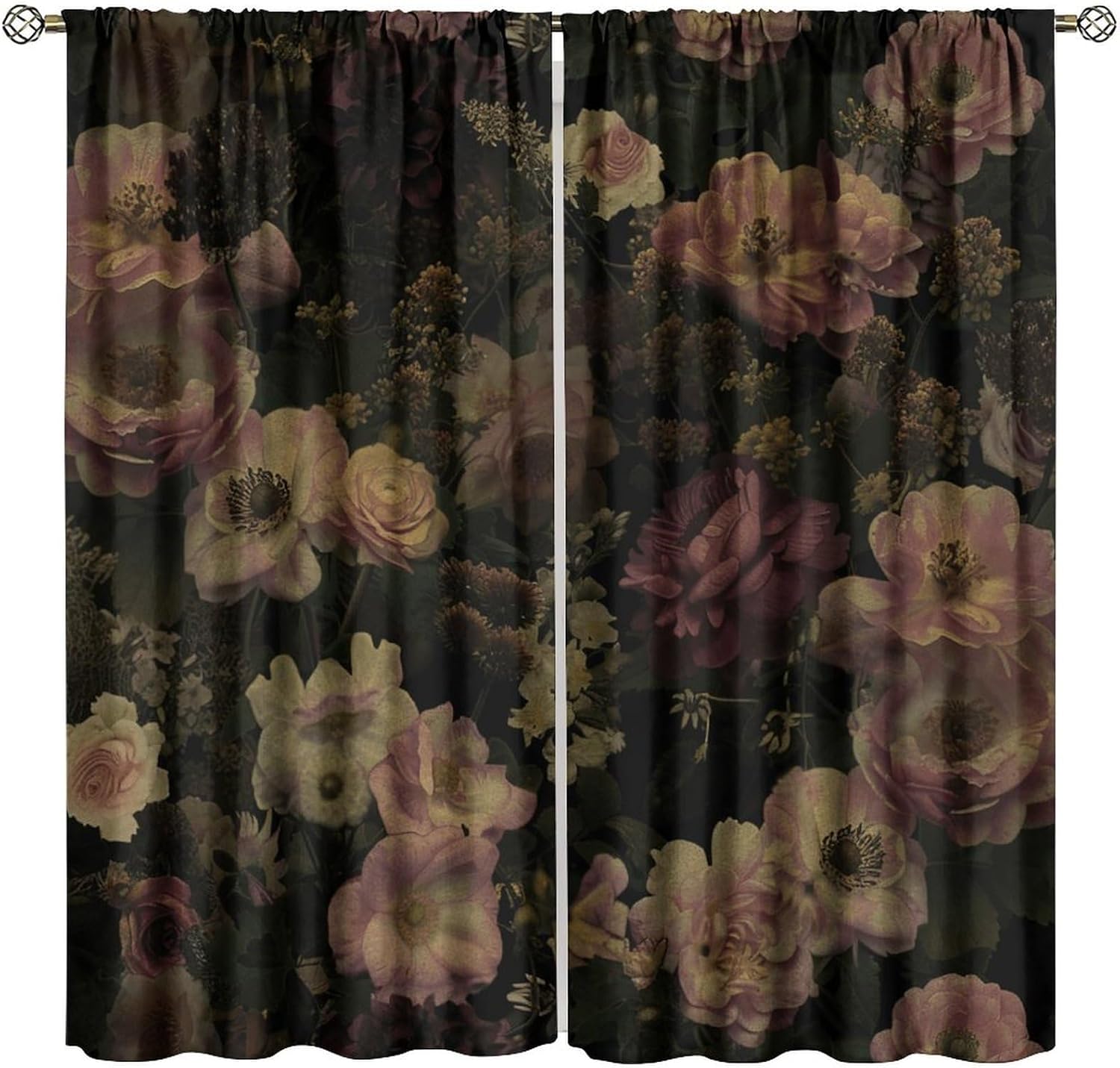 

Floral Blackout Curtains Rustic Watercolor Botanical Rose Vintage Leaves Plant Boho Gothic Print Window Treatments for Living 100*130 Rod Pocket 1pcs