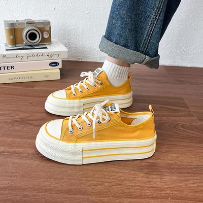 Women's Canvas Sneakers Thick Bottom Casual Sports Shoes Round Toe Lace-Up White Shoes Good Matching Platform Shoes