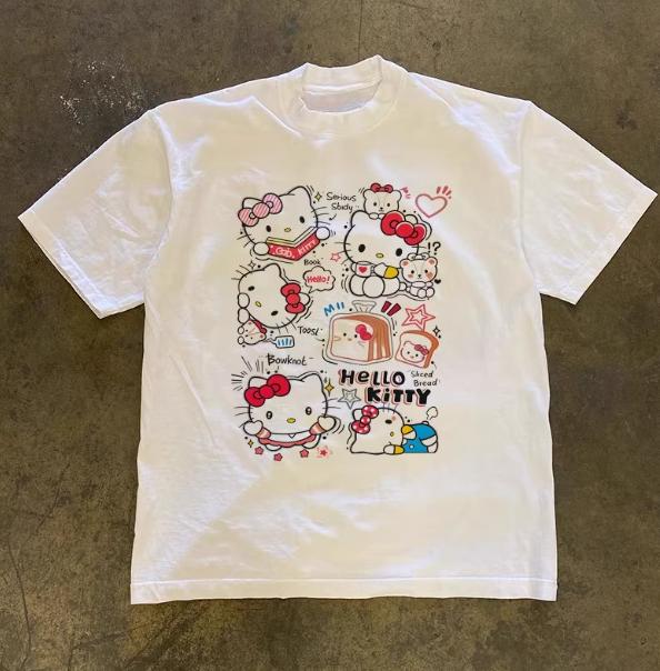 

2026 Summer 100 Cotton Sanrio Hello Kitty Printed Casual Loose Tshirt Parentchild Vintage Harajuku Top 52TOYS Collaboration S