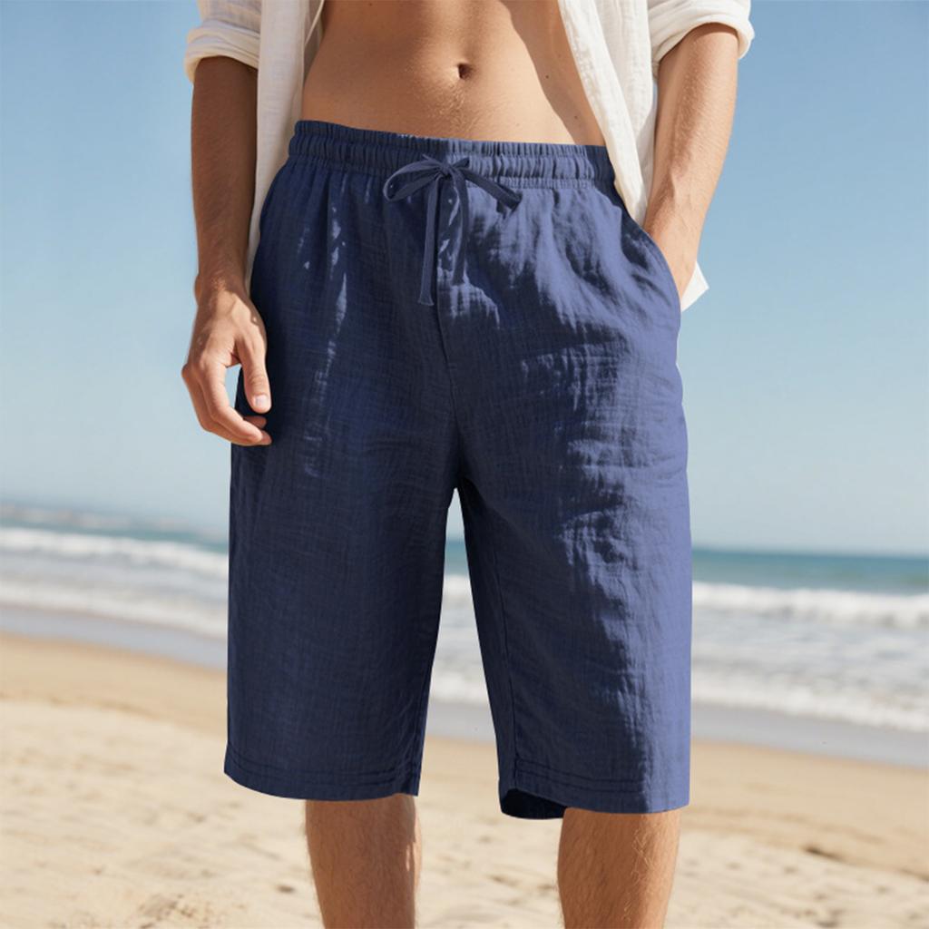 Men's Drawstring Loose Waist Quick-drying Straight Leg Color Breathable Daily Beach Seven-point Casual Shorts