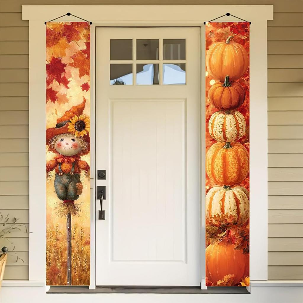 Thankgiving Vertical Door Banners 12x71 Inch Scarecrow Pumpkin Stack Front Door Decor Fall Harvest Hanging Porch Sign Outdoor Seasonal Backdrop Photo