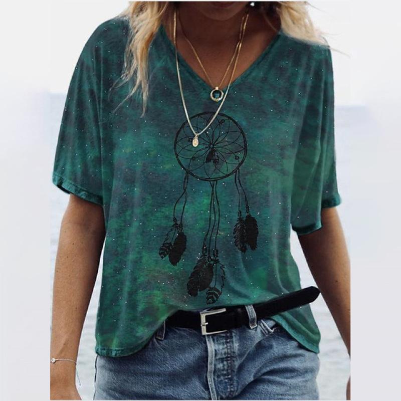 Women's T-shirts Summer Gradient Graphics Tops V-Neck Fashion Female Vintage Clothing Floral Print Tees Loose Oversized T-Shirts