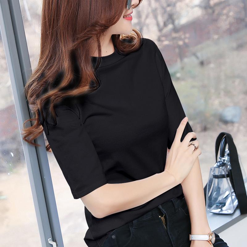 Women's Pure Cotton Three-Quarter Sleeve Slim Fit Mock Neck T-Shirt for Spring and Autumn 2022