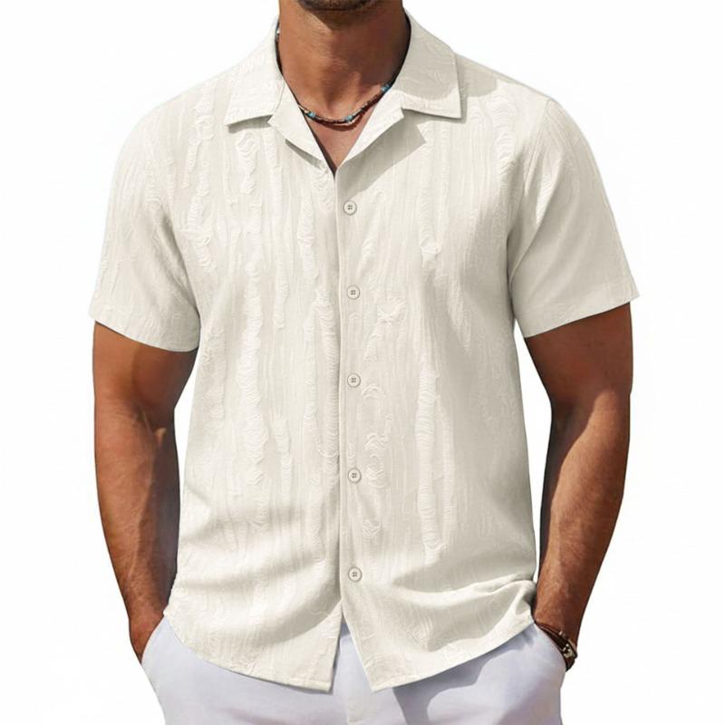 Men Embossed Textured Cuban Collar Short Sleeve Casual Button Up Shirt M бежевый