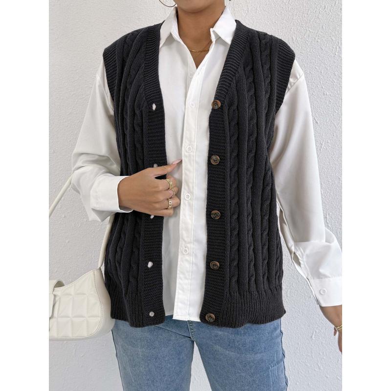

Женский вязаный кардиган Осень Зима Женская повседневная верхняя одежда Жилет Вязаный свитер жилет с косами Free size чёрный