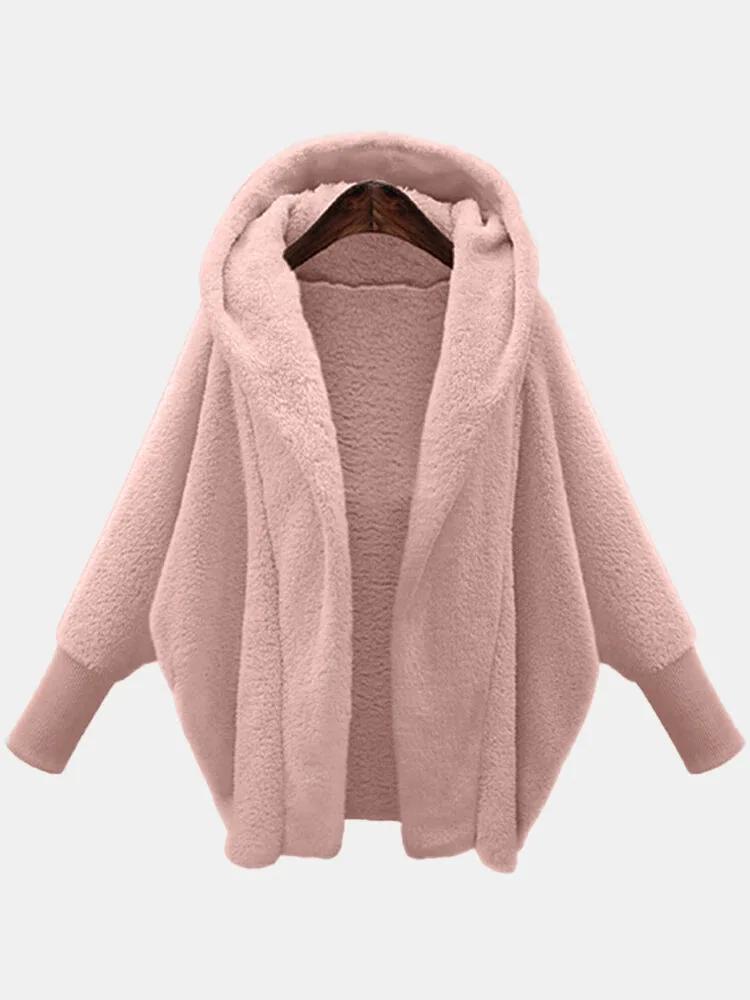 Cappotto da donna in peluche a tinta unita con cappuccio - Maniche lunghe vestibilità ampia per autunno e inverno