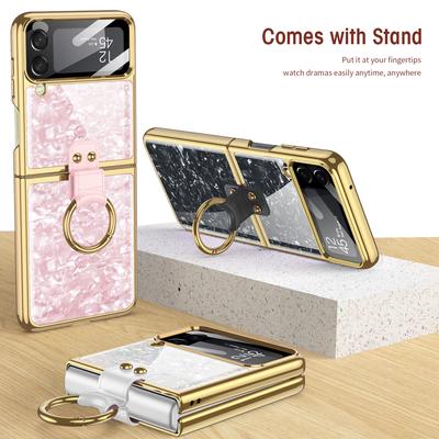 Z Flip 4 Case Finger Ring Plating Back Cover For Samsung Galaxy Z Flip 4 5g Case Plastic With Back Camera Lens Tempered Glass