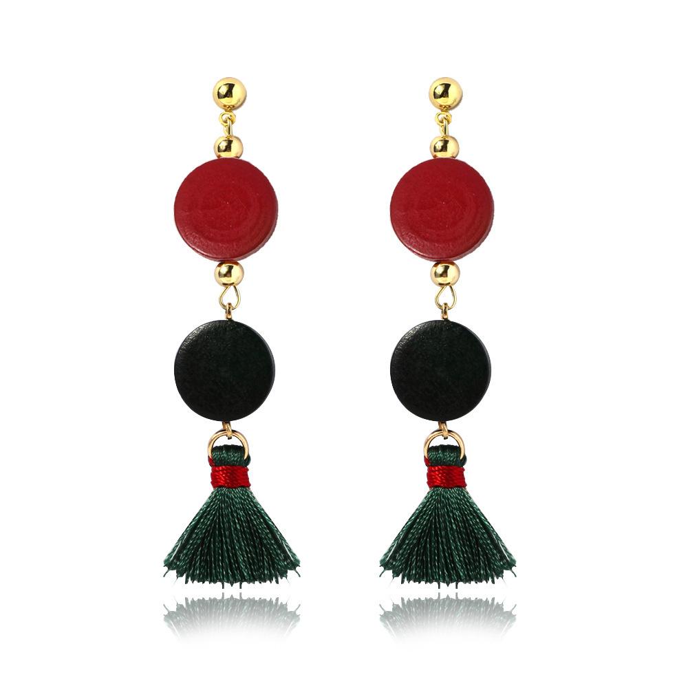 Chic Wooden Bead Tassel Earrings Ethnic Design Silk Thread Women For