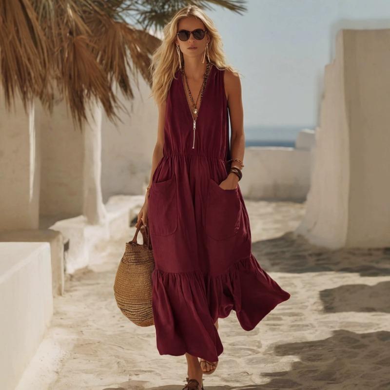 V-Ausschnitt Ärmelloses A-Linien-Langes Kleid Mit Taschen Vintage Strandurlaub