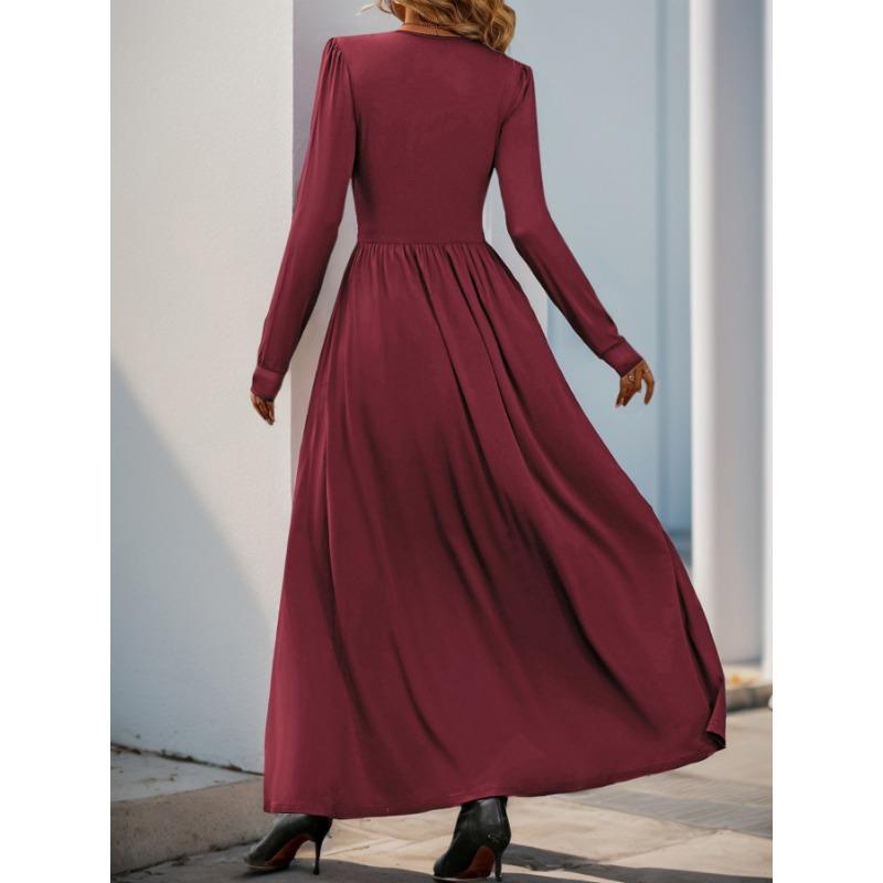 VEZFAA Women's Fashion Spring Fall Solid Color Print Long Sleeve V-Neck High Waist Casual Dresses