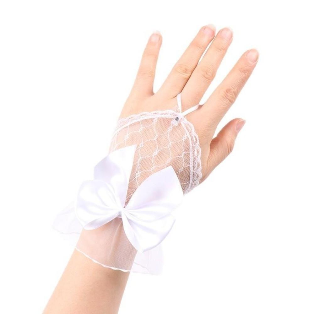 1 Pair Mesh Hollow Mesh Hand Sleeves with Handmade Ribbon Bow Bride Sheer Gloves  Bridal Wear