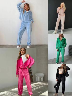 European and American Autumn Zipper Velvet Two-Piece Set: Long-Sleeved Top with Elastic Waist and Pocketed Cuffed Pants for Women