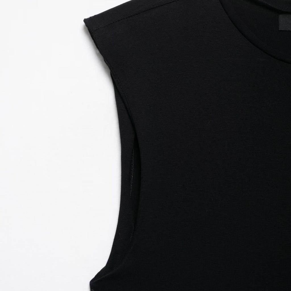 2025 Summer Pleated Skirt Dress with Shoulder Pads - Sleeveless, Slim-Fitting, Round Neck Design