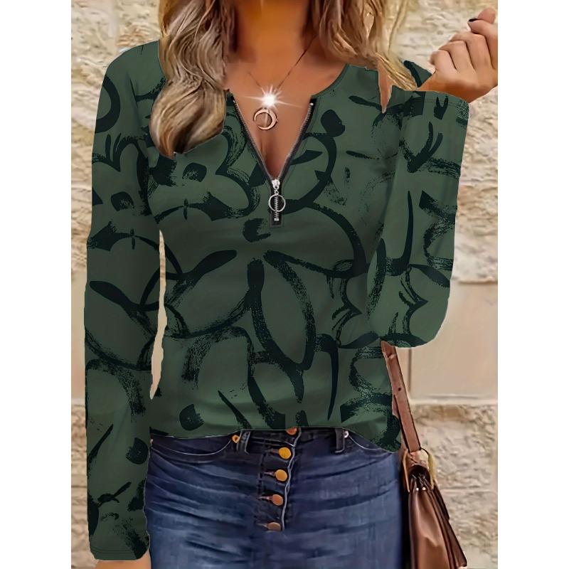 Elegant casual comfortable style painting simple flower element print pattern code women s round neck zipper long sleeves S