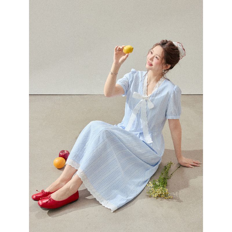 Zhang Daren 2026 Summer Plus Size Women's Dress for Chubby Girls, Slimming and Elegant Dress, Retro Style Blue A-Line Dress