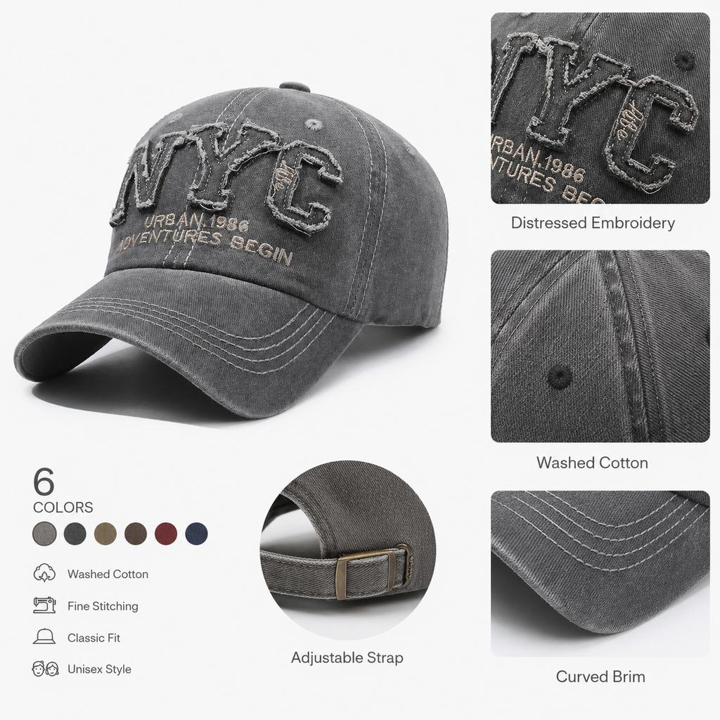 Vintage Washed Cotton Baseball Cap Men Nyc Letter Embroidery Dad Hat Women Retro Distressed Snapback Streetwear Casquette