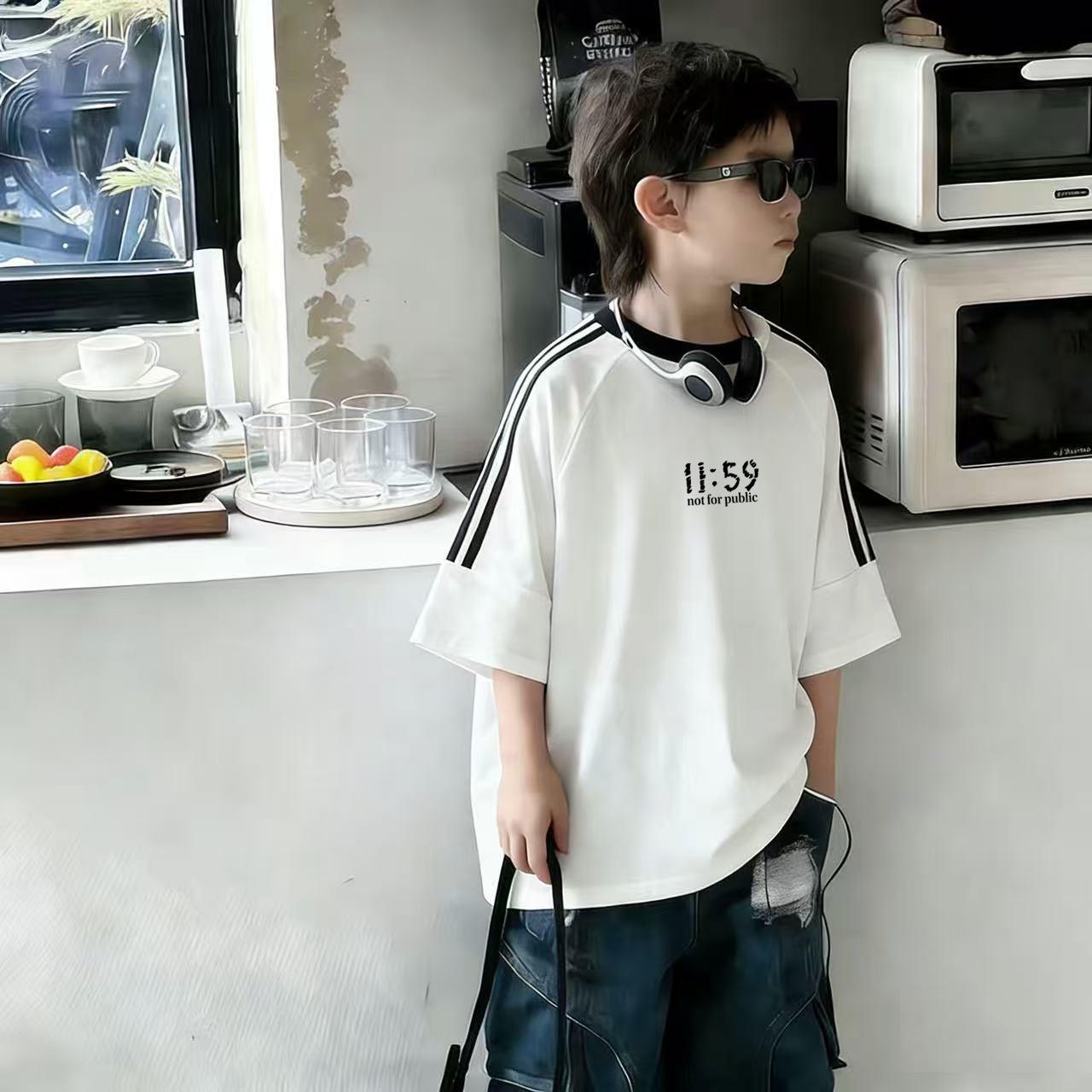 Summer Boys Cotton Short Sleeve T Shirt Fashionable Three Stripe Print Half Sleeve Top 90