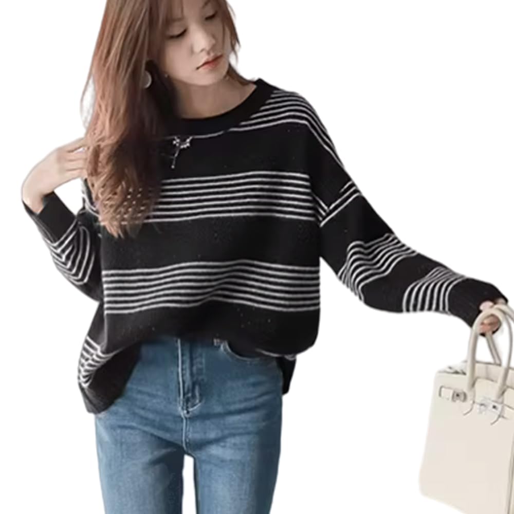 Vincent House Knit Crew Long Loose Perfect for One Size Fits All Women's Sweater, Striped, Neck, Sleeves, Fit, Slimming, Cute, Fluffy, Stylish,