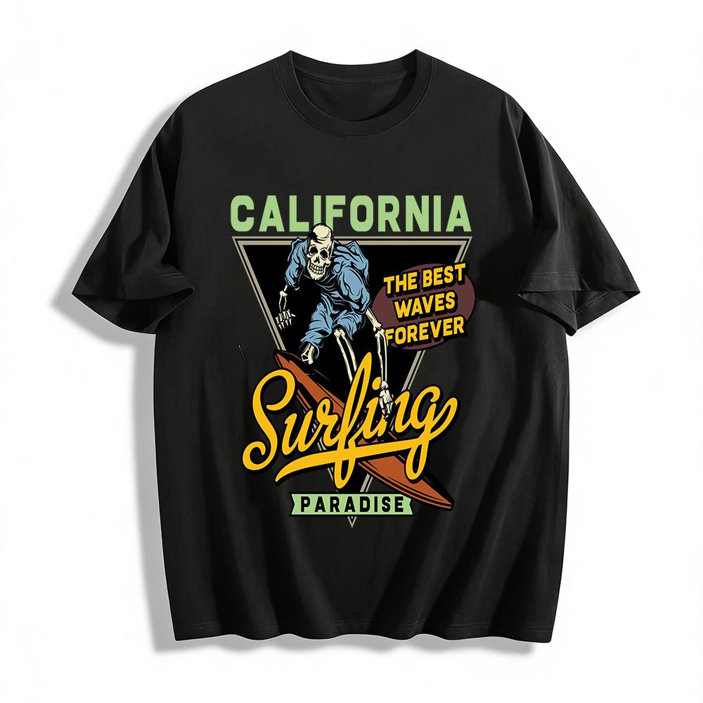 California Surfing Paradise Skull Graphic Tee Best Waves Forever Top Pure cotton T-shirt XXS