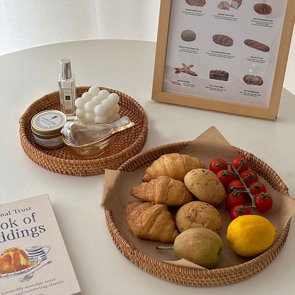 Circular Rattan Tray Storage Basket Natural Hand Woven Basket Bread Fruit and Food Tray Household Kitchen Supplies Tray