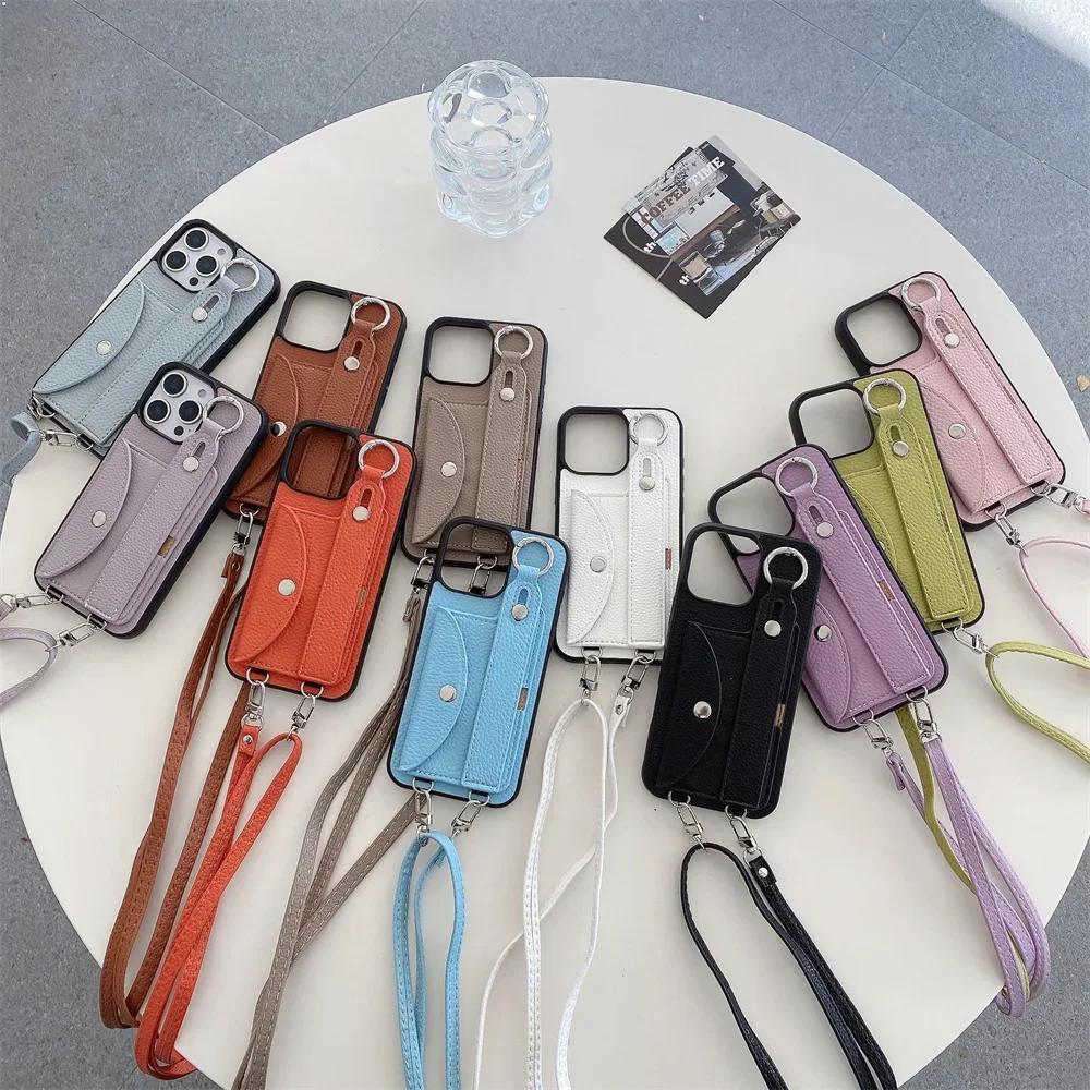 Crossbody Wrist Strap with Card Holder Phone Case for IPhone 16E 16 15 14 Plus 13 12 11 8 7 Pro Max XS Leather Ring Stand Cover