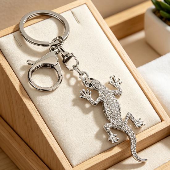 Keychain Pendant Sparkling Rhinestones Gecko Shape Zinc Alloy Key Holder with Electroplated Lobster Clasp Backpack Accessory