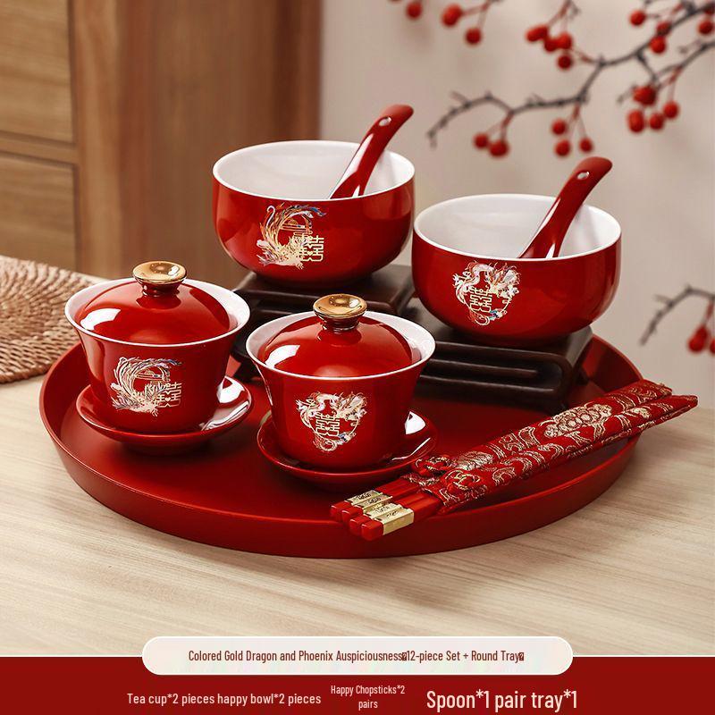 Wedding Tea & Chopstick Set: Red Bowls for Toasting & Happy Celebrations.