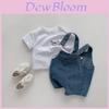 Schickes Mädchen Denim Latzhosen Shorts Set Entzückendes Baby Baumwolle Weiß Kurzarm Outfit