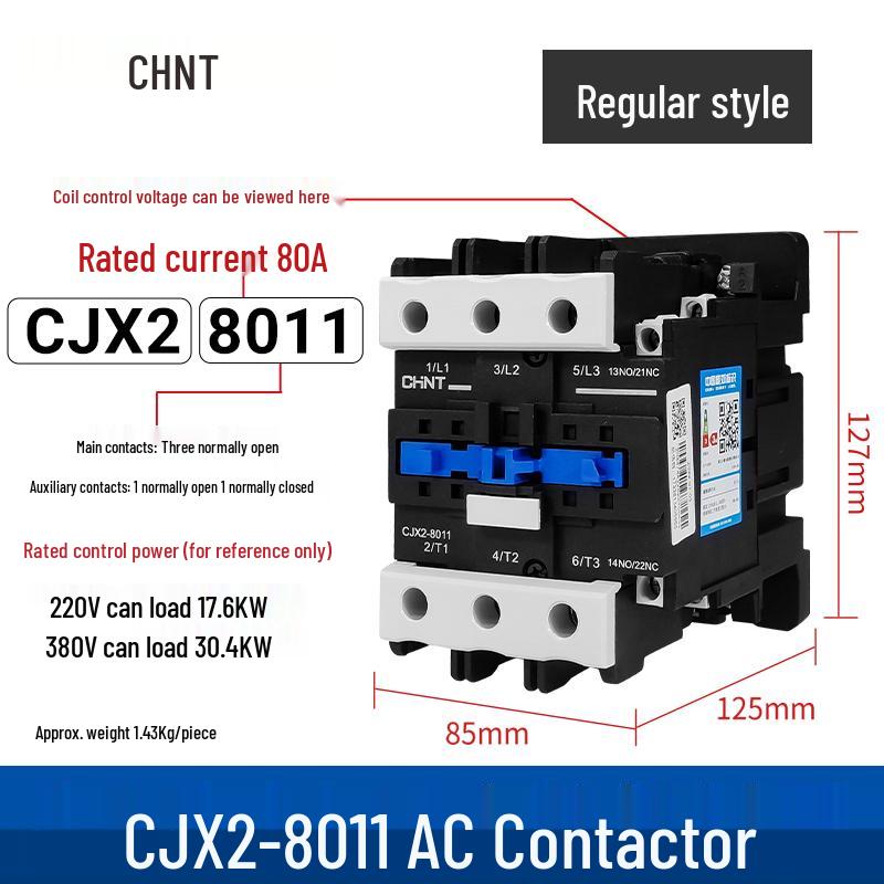 Zhengtai NXC AC Contactor 09-32A, Three-Phase 380V/Normally Open, Single-Phase 220V/Normally Closed, CJX2