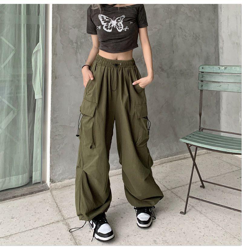 Women High Waist Cargo Pants Elastic Drawstring Wide Leg Trousers Streetwear Loose Casual Jogger Pants with Pockets