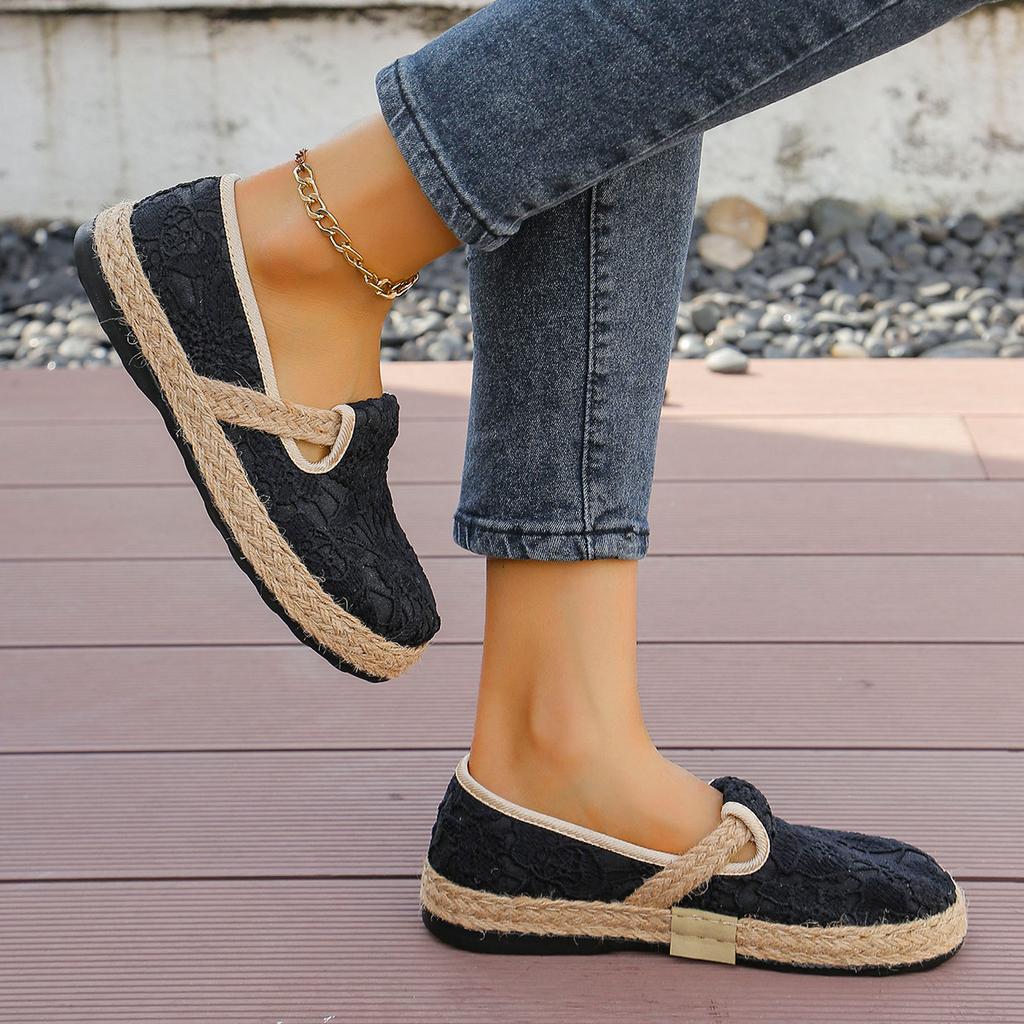 2025 New Breathable Casual Women's Bag Head Half Slippers Lace Retro Cotton and Linen Shoes Flat Bottom
