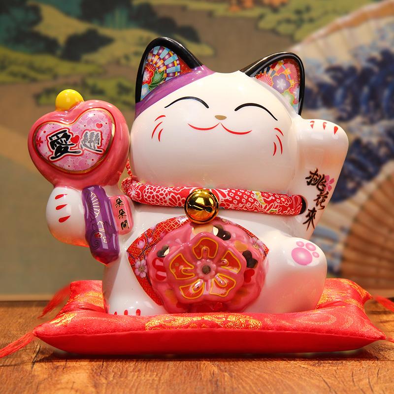 7 Inch Ceramic Lucky Fortune Cat Love Couple Gift Maneki Neko Souvenirs Figure Peach Blossoms Coin Bank Money Box Ornament