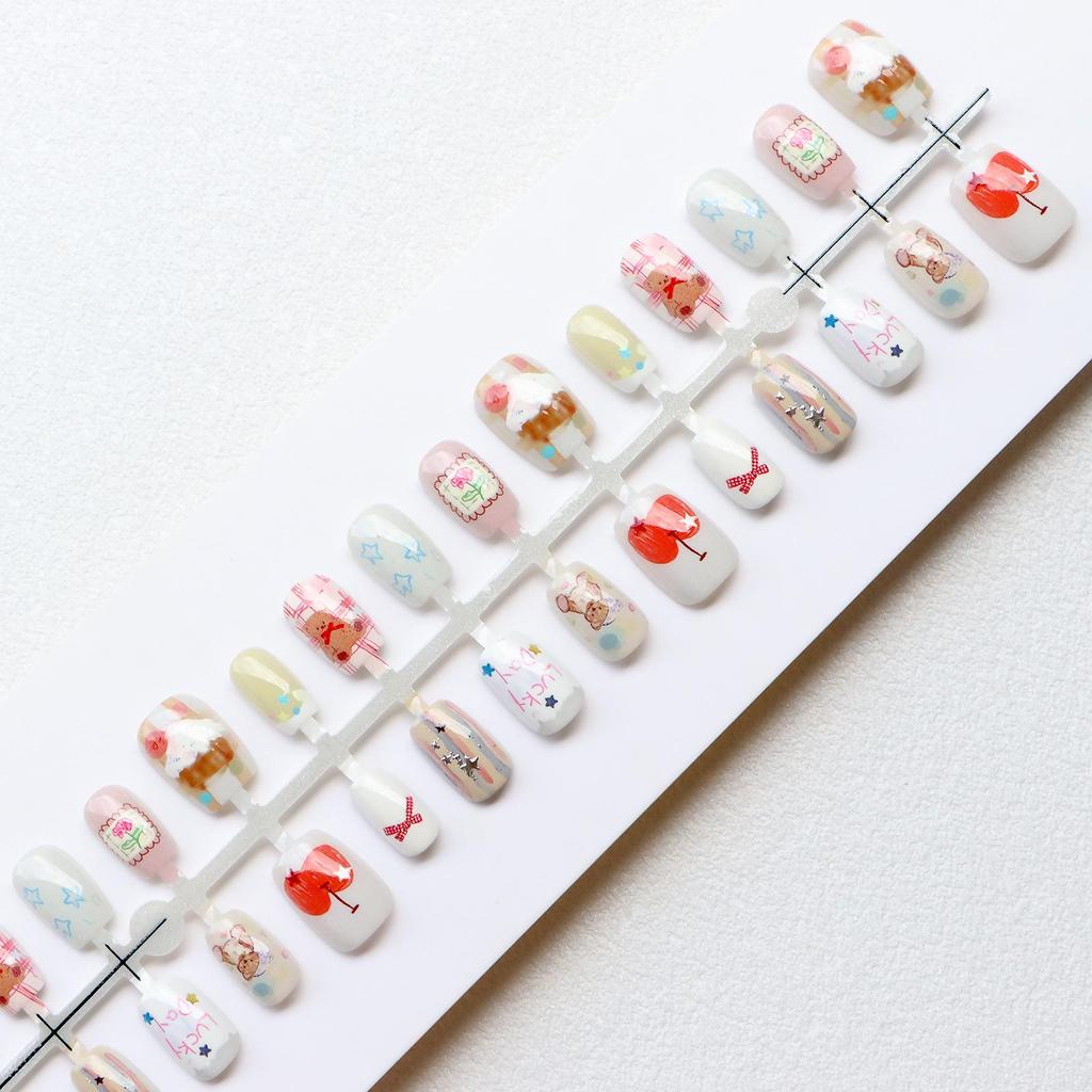 Cartoon Bear Style Wearable Nails with Silver-Plated Stars - Fresh French Nail Art Tips
